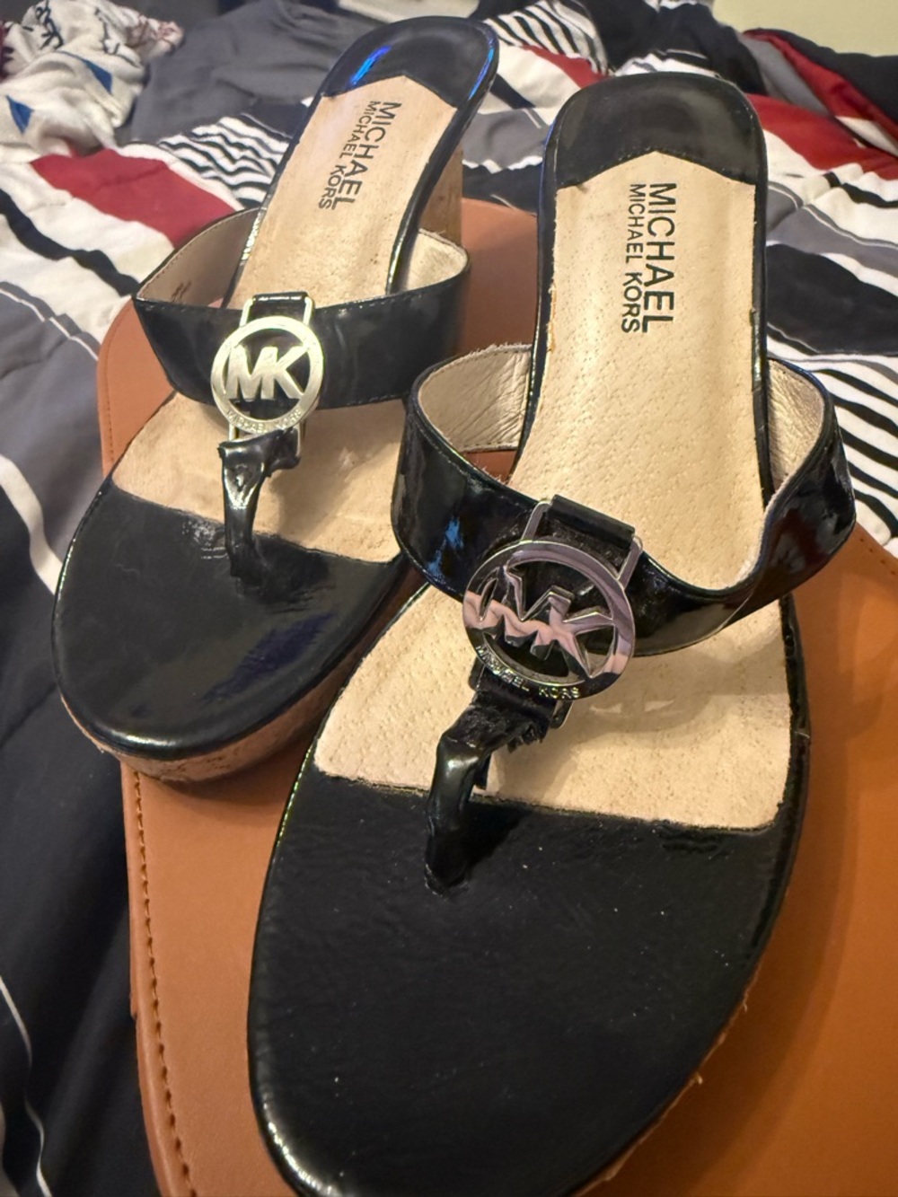 MICHAEL Michael Kors Black Patent Logo Thong Sandals
